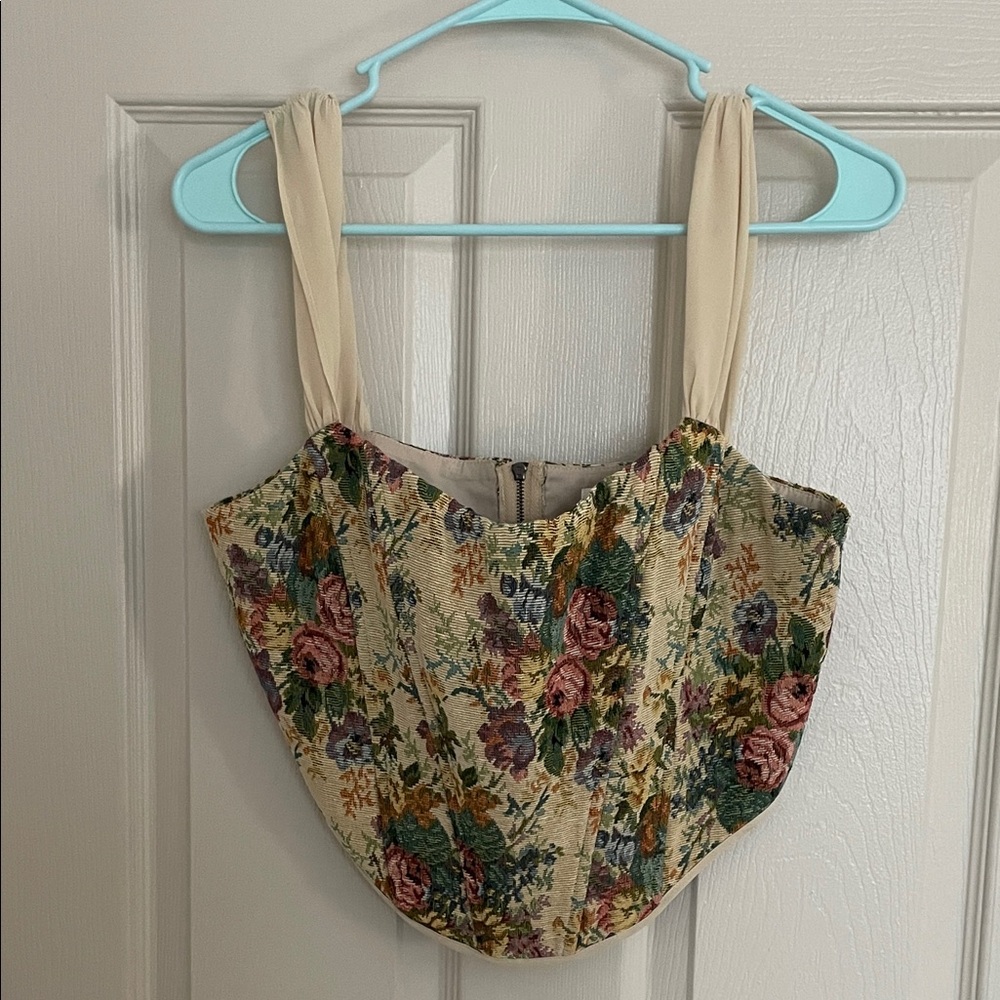 Altar'd State Floral Tapestry Corset Style Crop Top - Cream and Multicolor